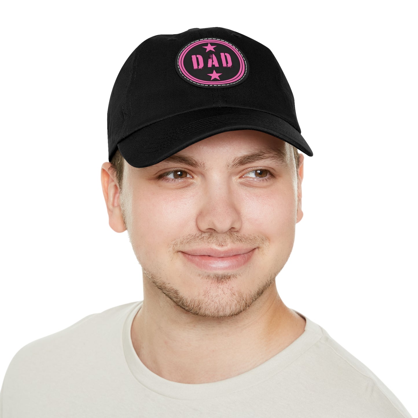 Dad Hat (Star) with Leather Patch Pink Text (Black/Grey With White/Black Patch) and (Black/Grey With Black/Brown Patch)