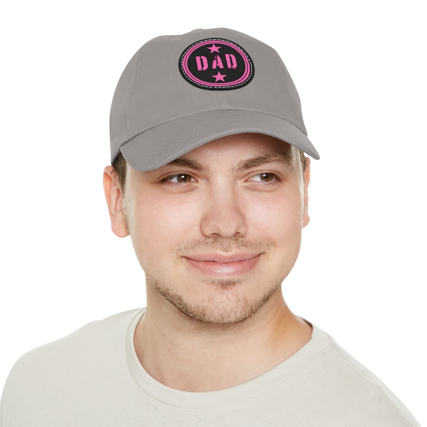 Dad Hat (Star) with Leather Patch Pink Text (Black/Grey With White/Black Patch) and (Black/Grey With Black/Brown Patch)